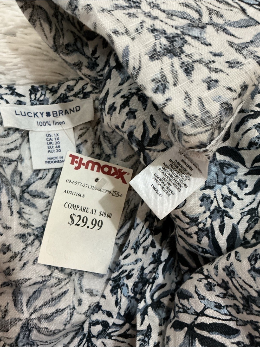Lucky Brand Size 1X Linen Floral Tiered Sleeveless Dress Blue White Gray Black - Picture 7 of 10